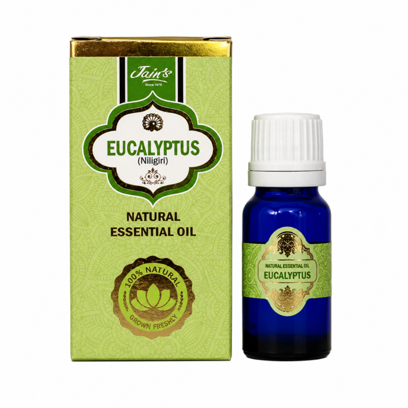 * Aceite Esencial de Eucalipto Jains 100% natural con frasco de cristal azul y caja original sobre fondo blanco.
