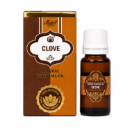 * Aceite Esencial de Clavo Jains 100% natural con frasco de cristal ámbar y caja original sobre fondo blanco.
