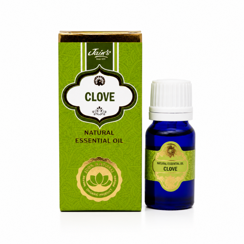 * Aceite Esencial de Limón Jains 100% natural con frasco de cristal azul y caja original sobre fondo blanco.