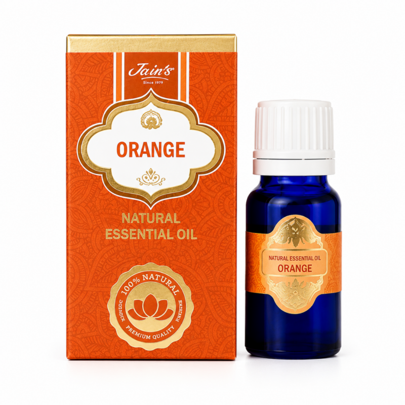 * Aceite Esencial de Naranja Jains 100% natural con frasco de cristal azul y caja original sobre fondo blanco.