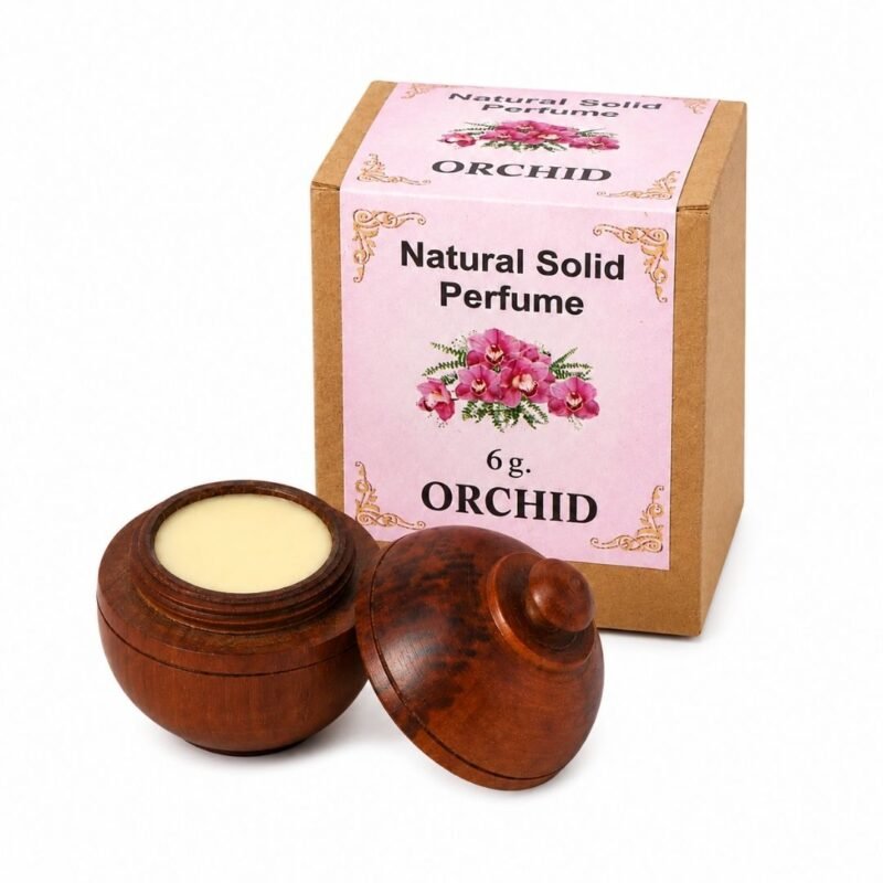 Perfume Sólido Natural Orchid Jains de 6 g con envase de madera y caja original sobre fondo blanco.