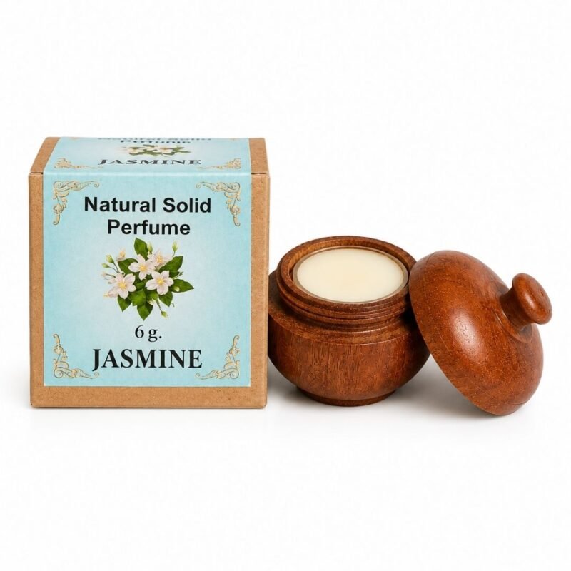 Perfume Sólido Jasmine de Jains de 6 g con envase de madera reutilizable y caja original sobre fondo blanco.