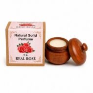 Perfume Sólido Real Rose de Jains de 6 g con envase de madera reutilizable y caja original sobre fondo blanco.