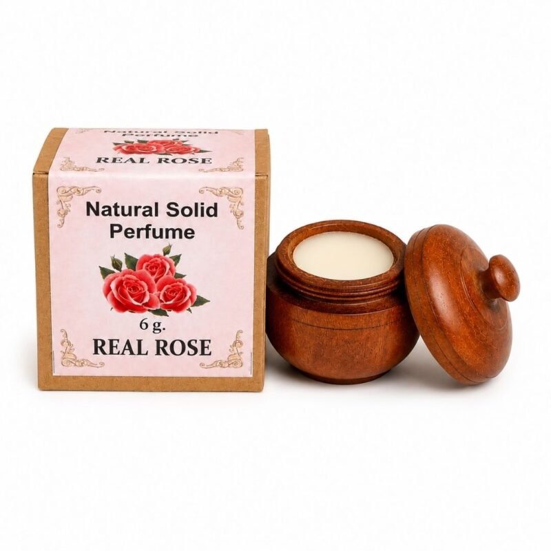 Perfume Sólido Real Rose de Jains de 6 g con envase de madera reutilizable y caja original sobre fondo blanco.