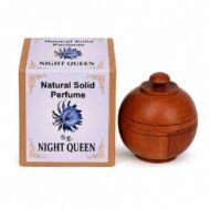 Perfume Sólido Night Queen de Jains de 6 g con envase de madera reutilizable y caja original sobre fondo blanco.