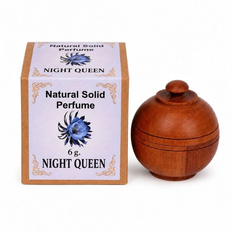 Perfume Sólido Night Queen de Jains de 6 g con envase de madera reutilizable y caja original sobre fondo blanco.