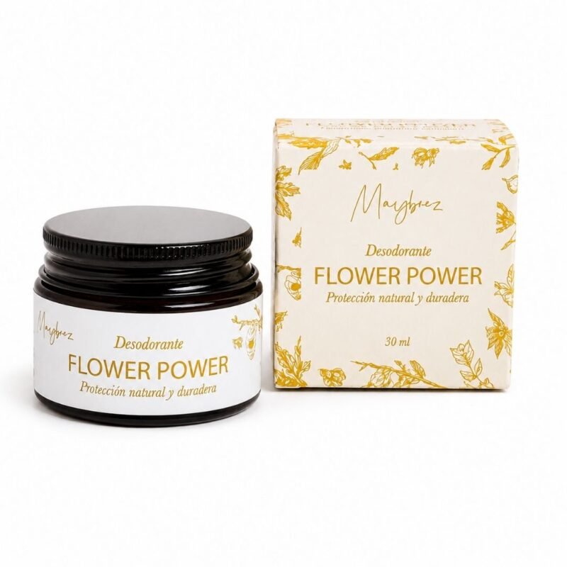 Desodorante Natural Flower Power Mayboez de 30 ml con envase y caja original sobre fondo blanco.