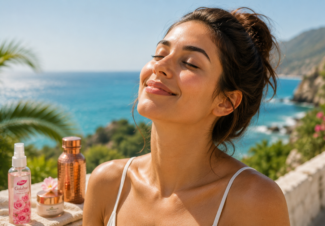 Mujer disfrutando del verano con una piel sana y luminosa en un entorno natural, inspirando el cuidado facial según el Ayurveda.