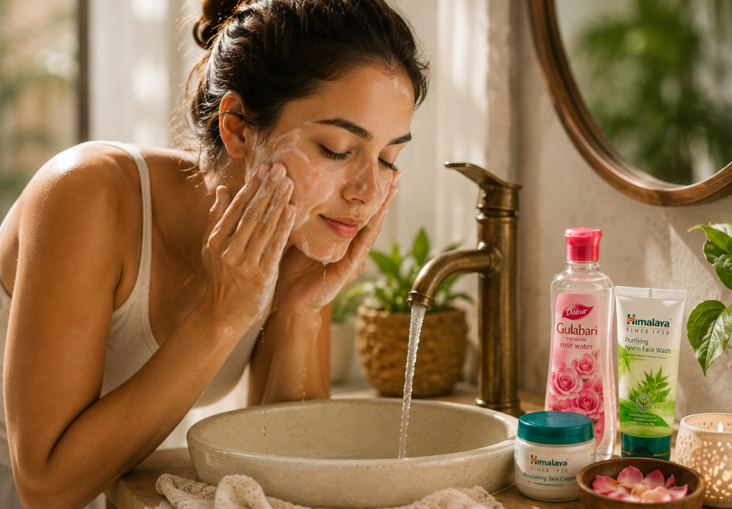 Mujer realizando una limpieza facial suave con productos naturales como parte de una rutina ayurvédica para cuidar la piel en verano.