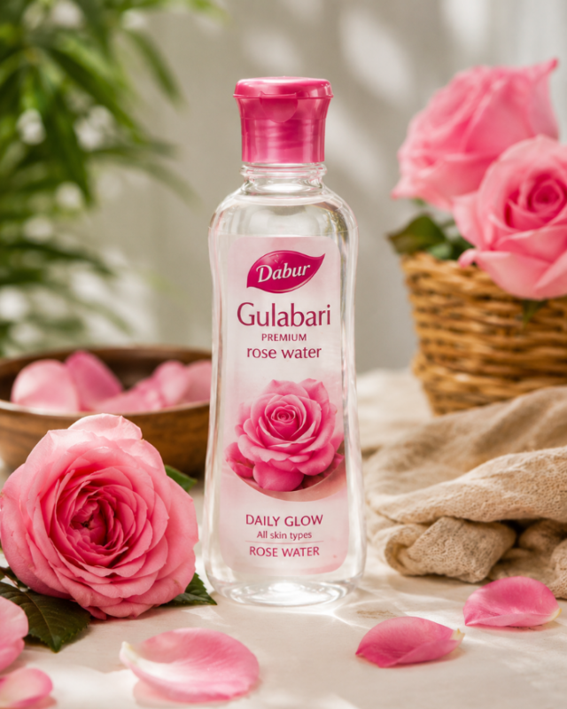 Botella de Agua de Rosas Dabur Premium rodeada de rosas frescas, ideal para refrescar, tonificar e hidratar la piel durante el verano.