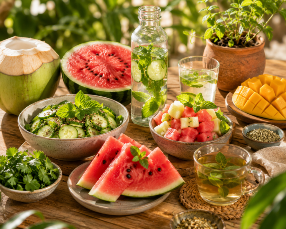 Selección de alimentos refrescantes recomendados por el Ayurveda para el verano, con sandía, pepino, mango, coco, menta e infusión natural.
