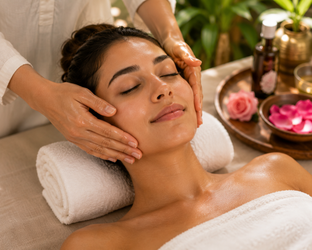 Masaje facial relajante inspirado en el Ayurveda para estimular la circulación, relajar los músculos del rostro y aportar luminosidad a la piel.