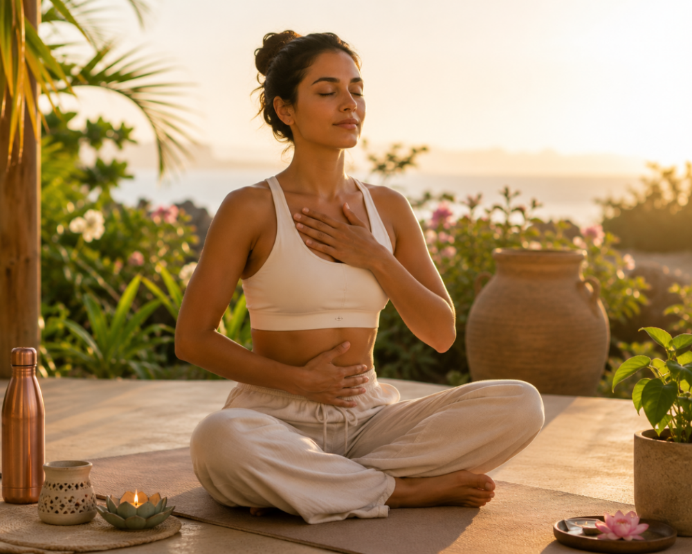 Mujer practicando yoga y respiración consciente al aire libre como parte de una rutina ayurvédica para equilibrar cuerpo, mente y piel durante el verano.