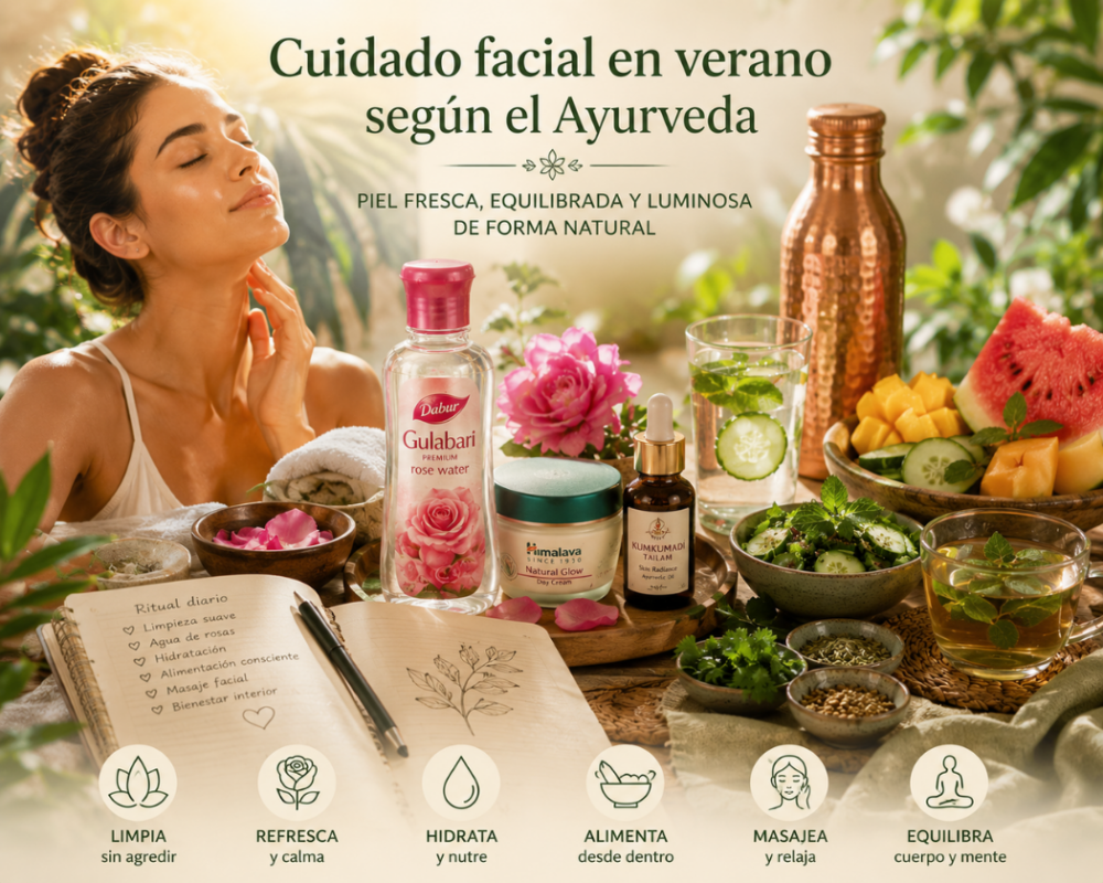 Rutina completa de cuidado facial en verano según el Ayurveda con limpieza, agua de rosas, hidratación, alimentación saludable, masaje facial y bienestar integral.