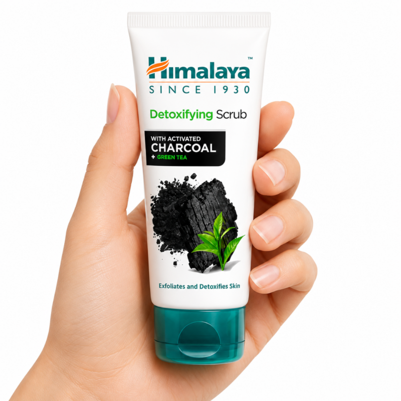 Exfoliante Facial Himalaya Detoxifying Scrub con carbón activado y té verde para limpiar, exfoliar y purificar la piel.