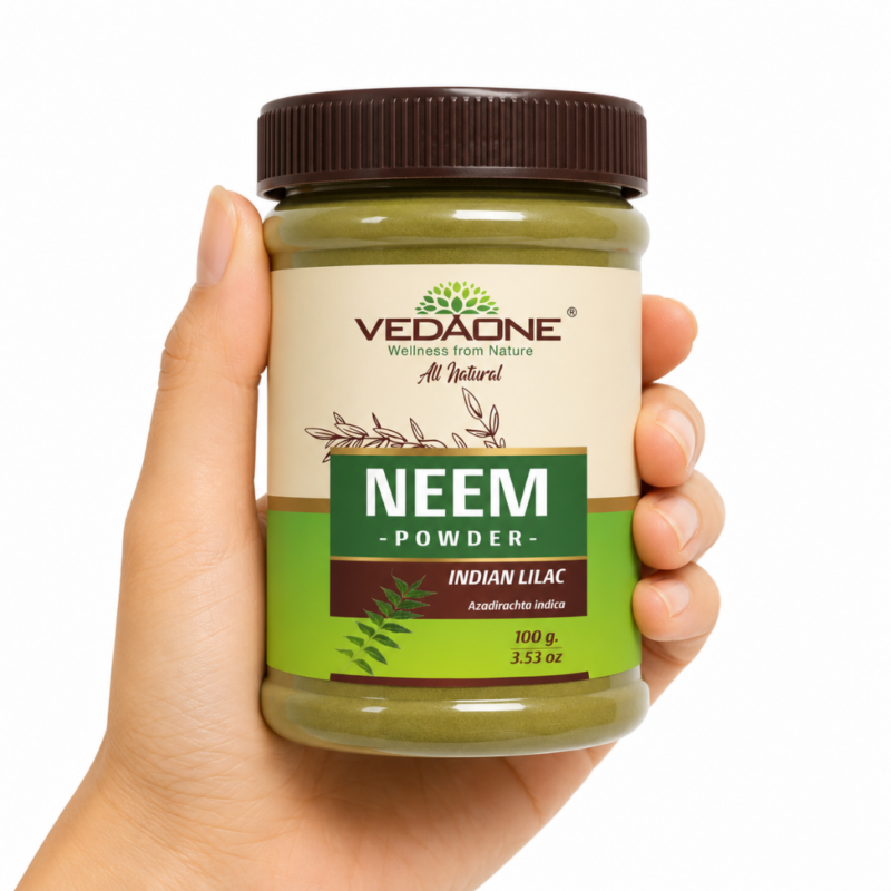Compra Neem en Polvo VedaOne 100 g, elaborado con hojas de Azadirachta indica. Complemento alimenticio ayurvédico de origen vegetal, sin aditivos, conservantes, colorantes ni rellenos.