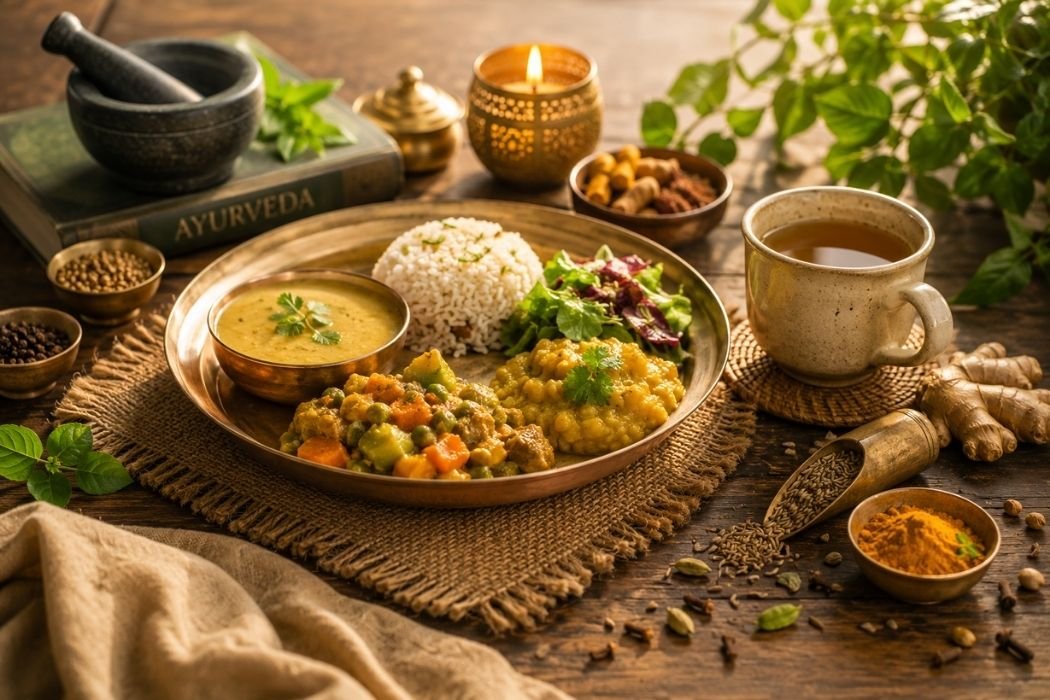 Agni en Ayurveda representado mediante una comida ayurvédica caliente, especias e infusión en un ambiente natural y acogedor.