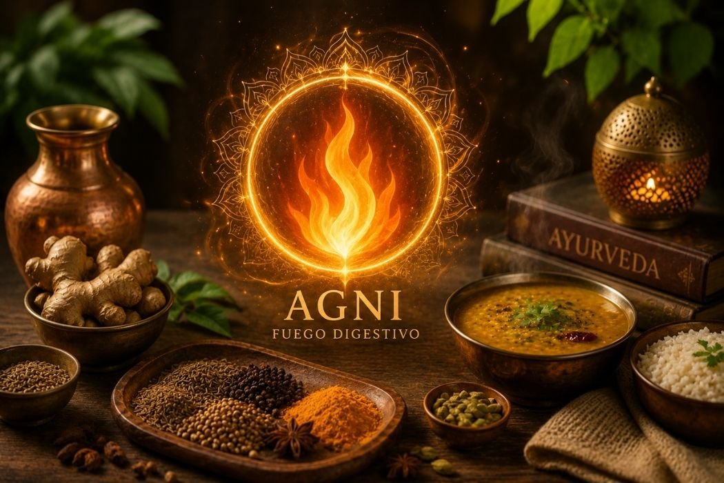 Representación del Agni o fuego digestivo en Ayurveda mediante una llama equilibrada rodeada de alimentos y especias ayurvédicas.
