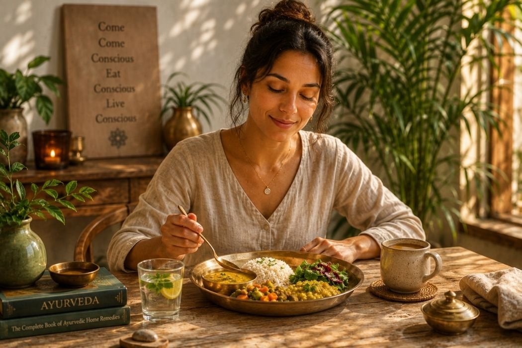 Persona disfrutando con calma de una comida ayurvédica con arroz, dal y verduras como ejemplo de alimentación consciente para cuidar Agni.