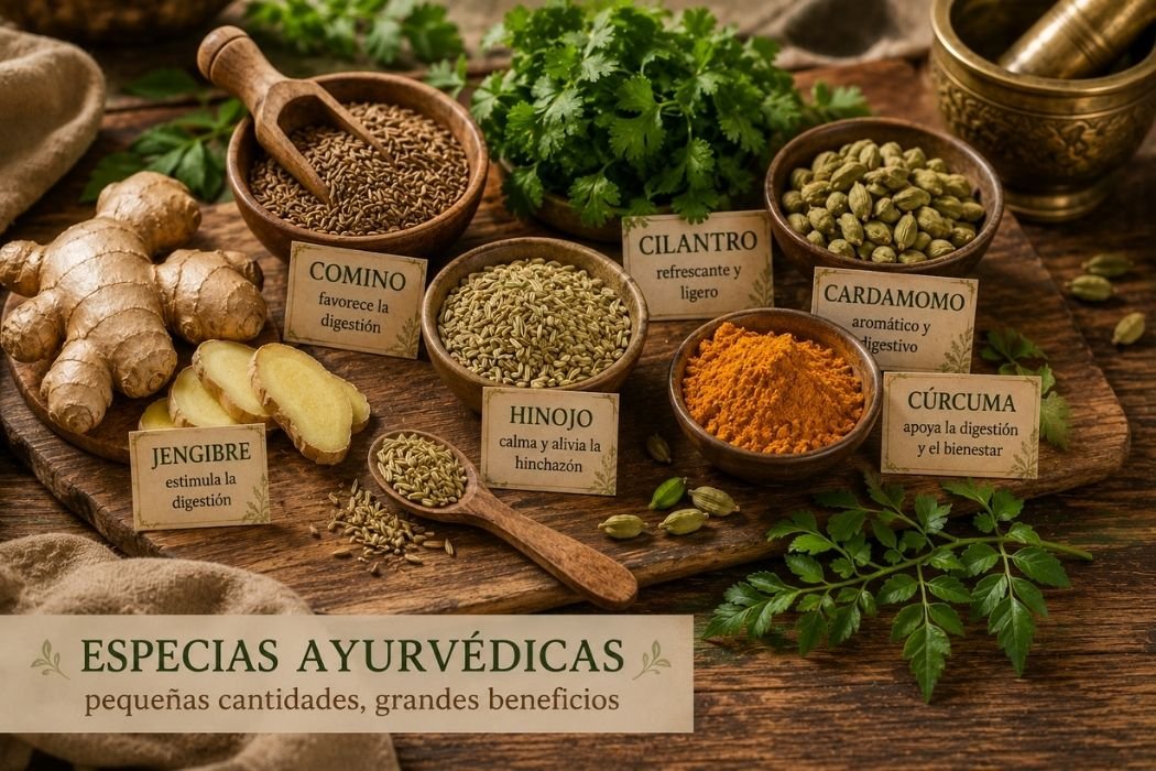 Especias utilizadas tradicionalmente en Ayurveda como jengibre, comino, hinojo, cilantro, cardamomo y cúrcuma para acompañar la alimentación.