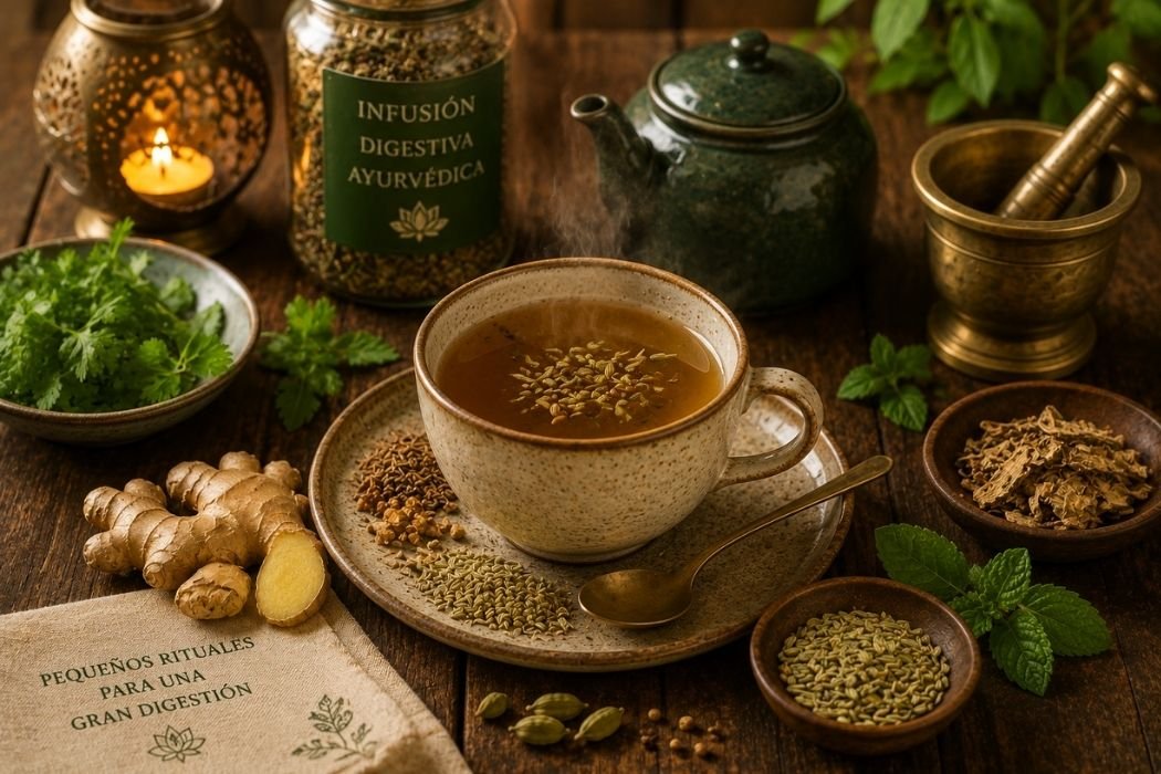 Infusión ayurvédica caliente preparada con especias y hierbas como jengibre, hinojo y comino dentro de una rutina de bienestar digestivo.