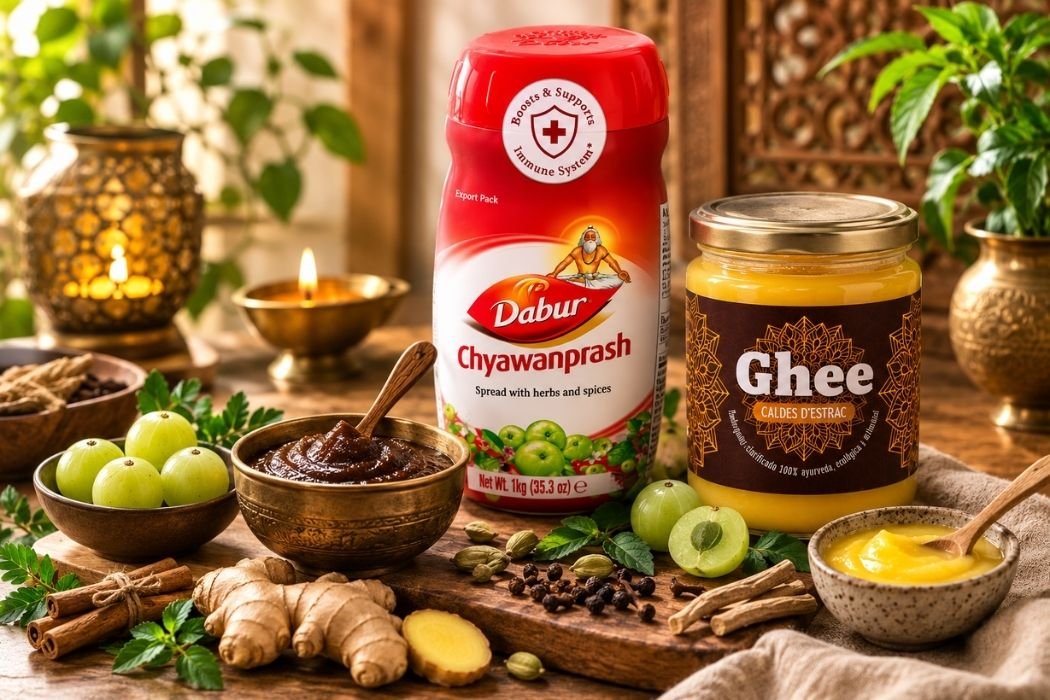 Chyawanprash Dabur y Ghee Caldes d’Estrac rodeados de amla, jengibre, especias y elementos tradicionales del Ayurveda.