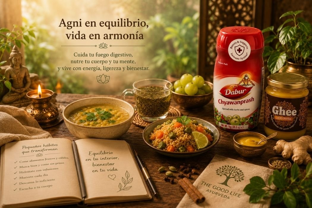 Escena de bienestar ayurvédico con comida caliente, infusión, especias, Chyawanprash y ghee representando el cuidado diario de Agni y el equilibrio.