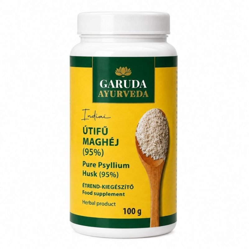 Psyllium Husk 95% de Garuda Ayurveda 100 g sobre fondo blanco