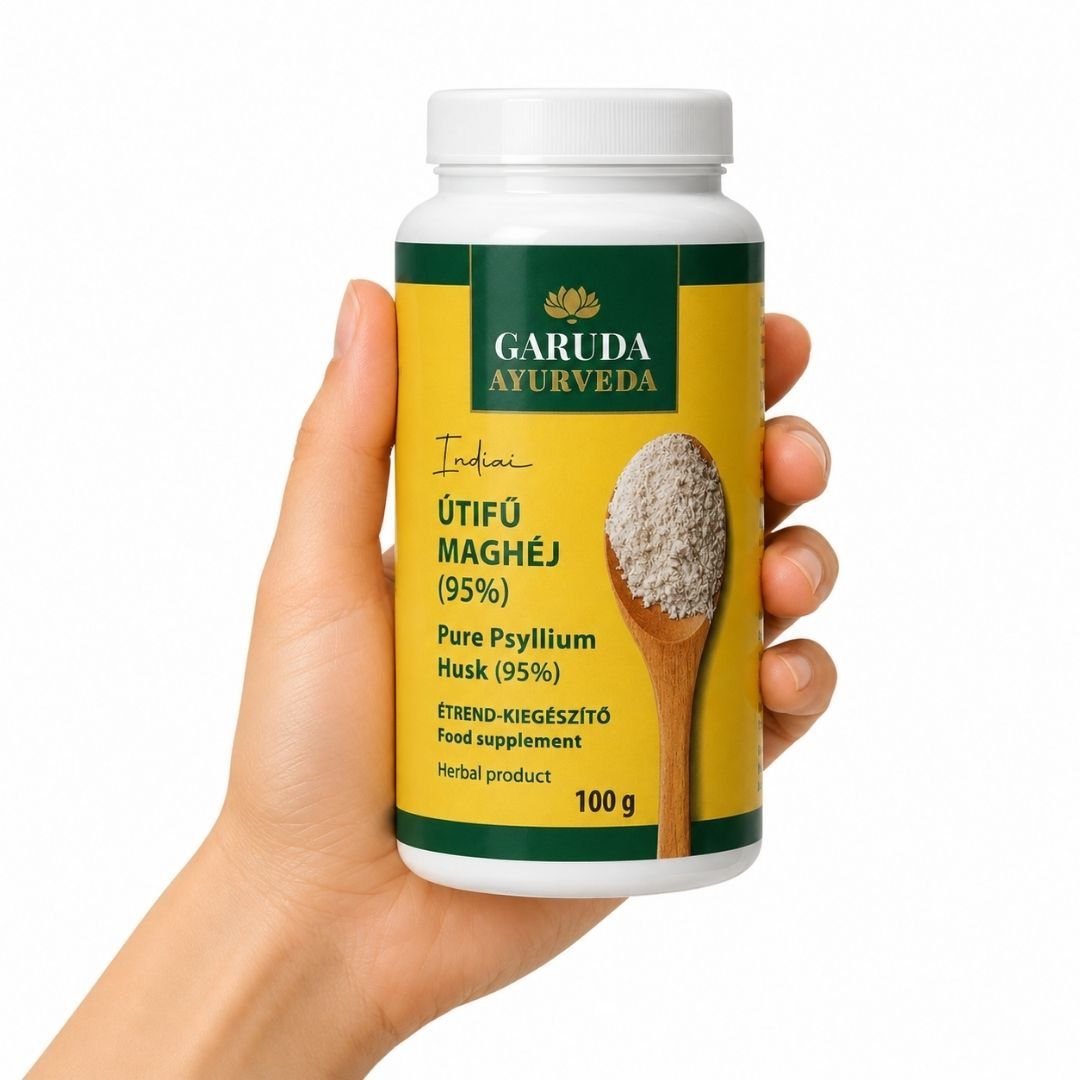 TGL 26 01 - Web - PWP-GAR-0415 - Psyllium Husk Psyllium Husk 95% de Garuda Ayurveda 100 g sostenido en una mano sobre fondo blanco