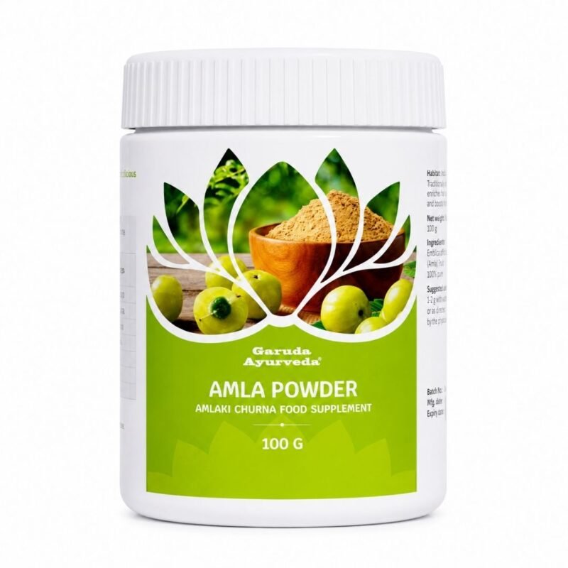 Envase de Amla en Polvo Garuda Ayurveda 100 g sobre fondo blanco.