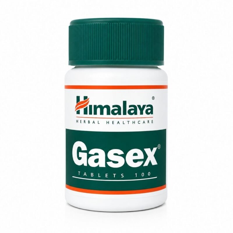 Gasex de Himalaya 100 comprimidos, complemento alimenticio ayurvédico para apoyo digestivo sobre fondo blanco