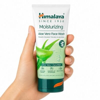 Mano sosteniendo el Limpiador Facial Hidratante Aloe Vera de Himalaya sobre fondo blanco.