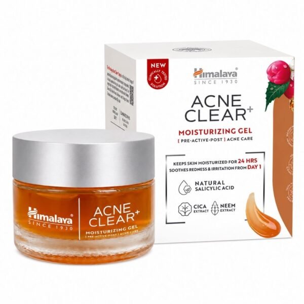 Acne Clear+ Moisturizing Gel de Himalaya con caja sobre fondo blanco
