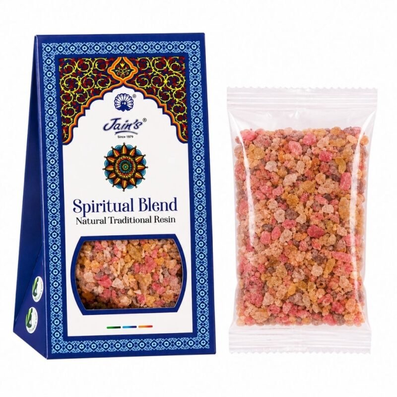 Spiritual Blend Resin de Jain’s con caja y mezcla de resinas aromáticas tradicionales sobre fondo blanco
