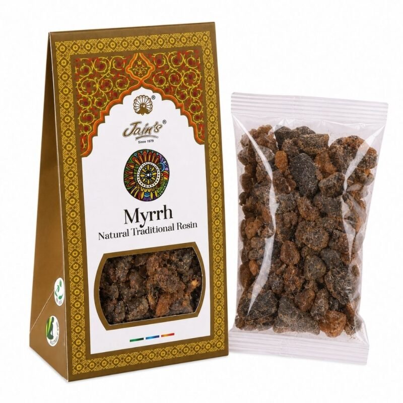 Mirra Myrrh Resin de Jain’s con caja y resina aromática tradicional en fragmentos sobre fondo blanco