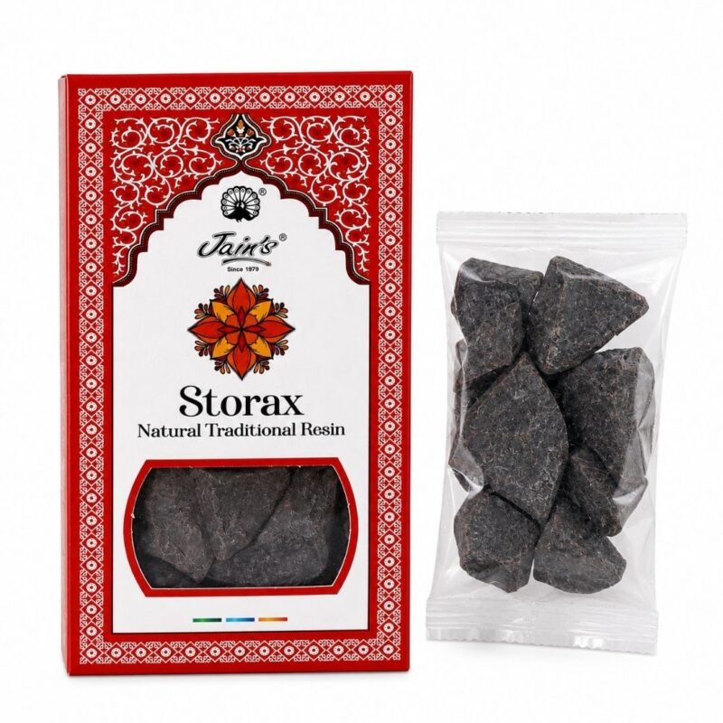 Storax Resin de Jain’s con caja y resina de estoraque sobre fondo blanco para uso como incienso