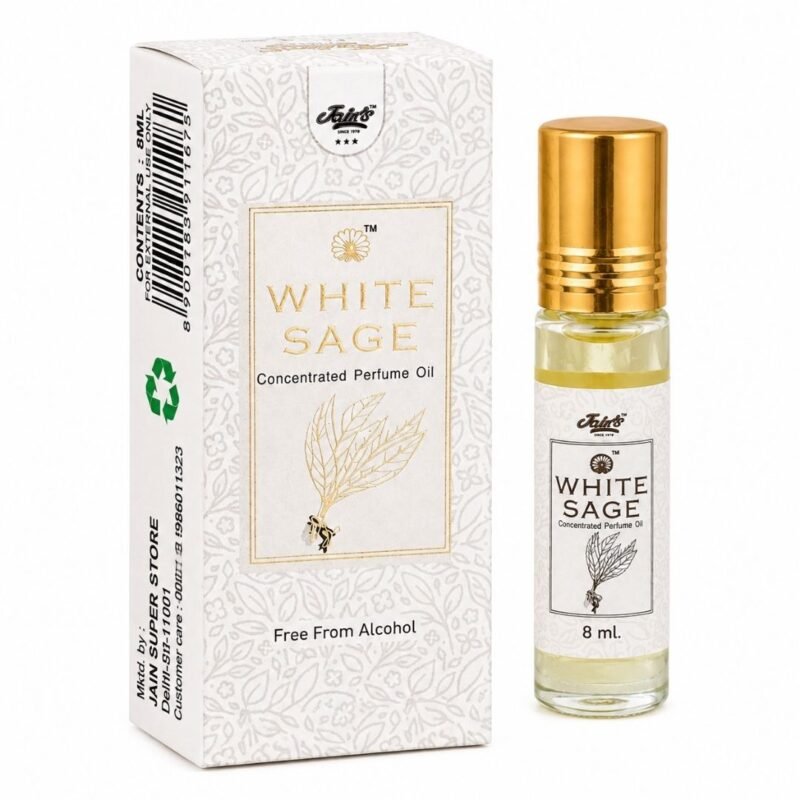 White Sage Attar Jain’s 8 ml con caja y frasco roll-on, perfume concentrado de salvia blanca sin alcohol