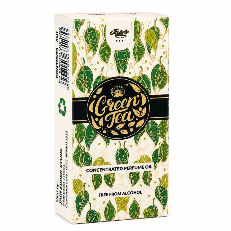 Caja Green Tea Attar Jain’s 8 ml, perfume concentrado de té verde sin alcohol.