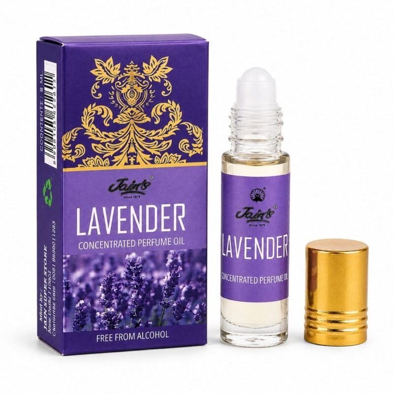 Lavender Attar Jain’s 8 ml con caja y frasco roll-on, perfume concentrado de lavanda sin alcohol.
