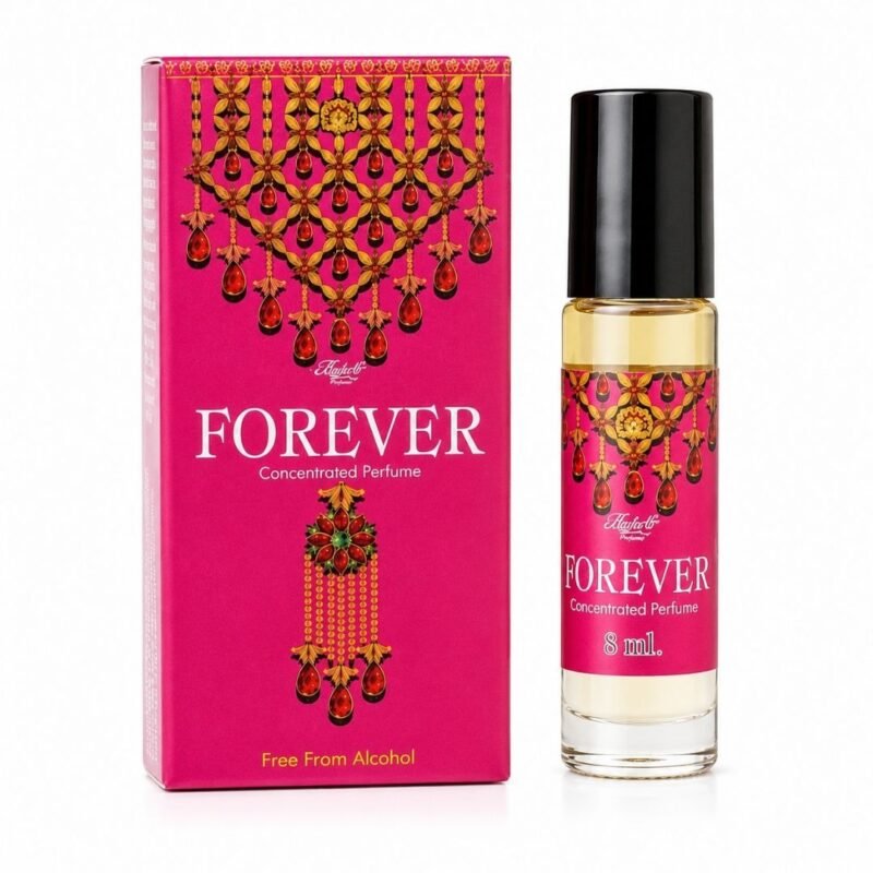 Forever Attar 8 ml con caja y frasco, perfume concentrado sin alcohol sobre fondo blanco