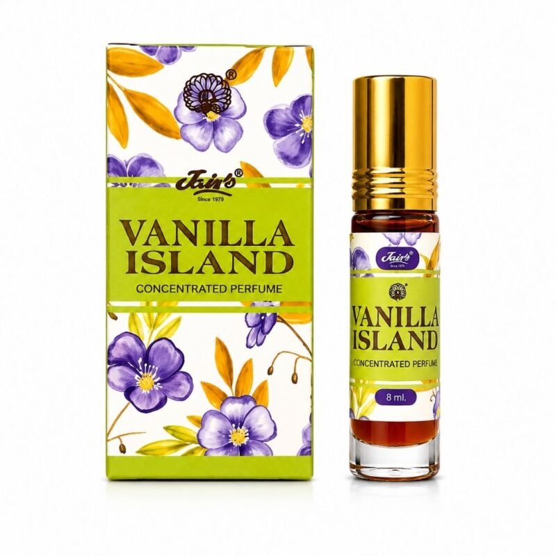 Vanilla Island Attar 8 ml de Jain’s con caja y frasco sobre fondo blanco, perfume concentrado de vainilla
