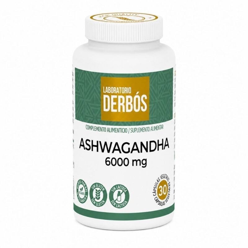 Ashwagandha 6000 mg de Laboratorio Derbós en 30 cápsulas vegetales sobre fondo blanco