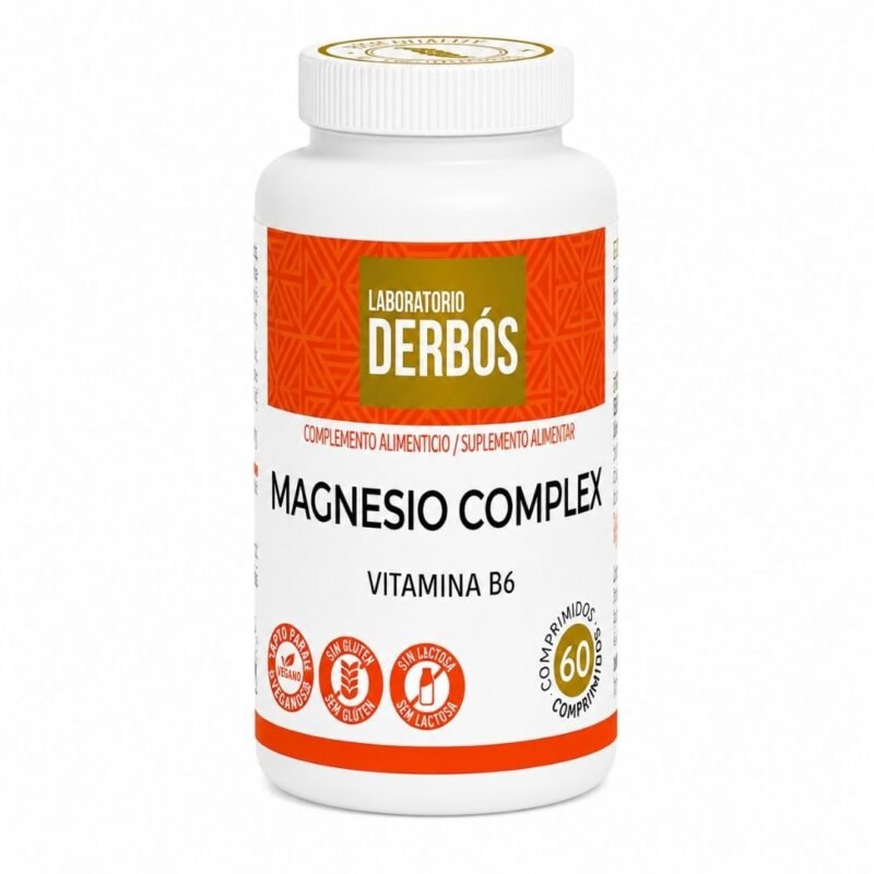 Magnesio Complex con Vitamina B6 de Laboratorio Derbós 60 comprimidos sobre fondo blanco