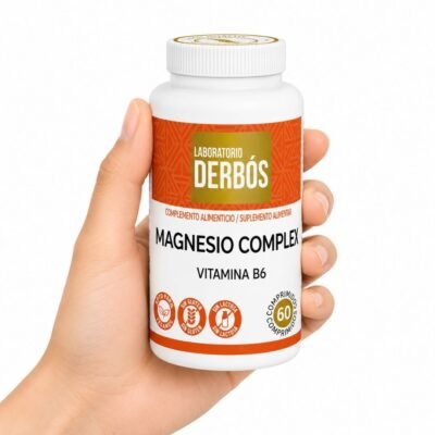 Magnesio Complex con Vitamina B6 de Laboratorio Derbós 60 comprimidos sostenido en una mano sobre fondo blanco