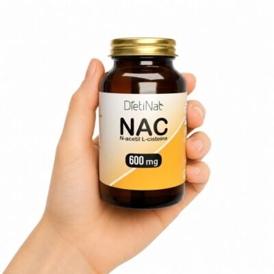 Mano sosteniendo NAC 600 mg N-acetil L-cisteína de DietiNat
