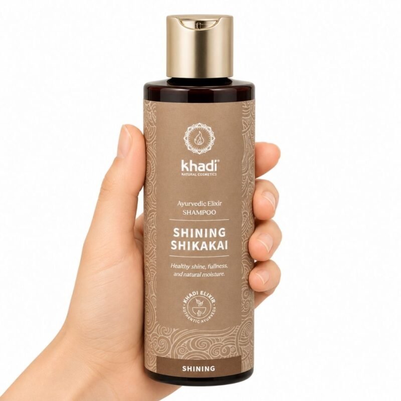 Champú Shining Shikakai de Khadi Natural sostenido en una mano sobre fondo blanco