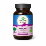 Amalaki de Organic India 90 cápsulas con Amla ecológico sobre fondo blanco